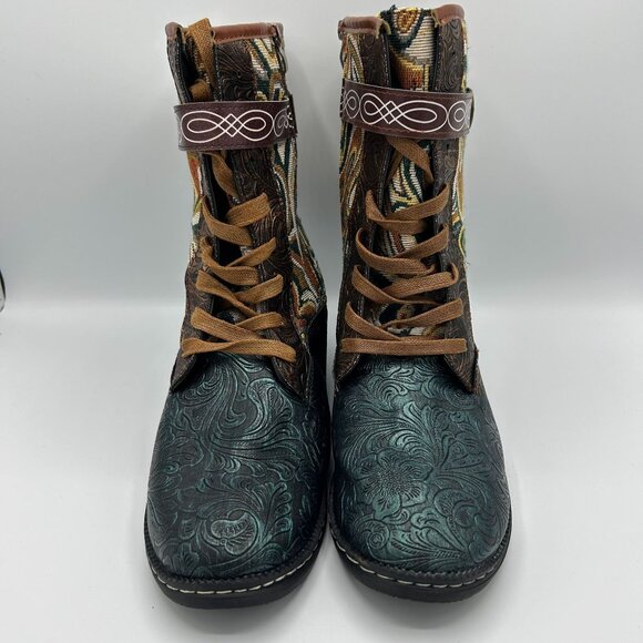 Womens Size 43 Bohemian-Style Mid-Calf Lace-Up Boots With Embossed Floral Design - Picture 3 of 10